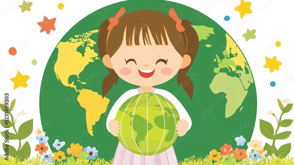 Happy girl holding globe, Earth Day, nature background, environmental education Happy girl holding globe, Earth Day, nature background, environmental education