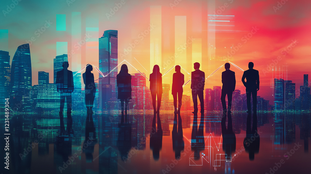 Abstract business team stands on the peak of success amid tall, innovative Smart city and graphs with statistics to analyze business potential and predict future developments in company growth. Abstract business team stands on the peak of success amid tall, innovative Smart city and graphs with statistics to analyze business potential and predict future developments in company growth.