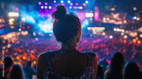 Young woman enjoying a VIP section view, overlooking a massive concert crowd.