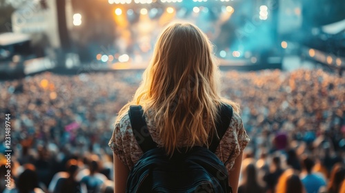 Young woman enjoying a VIP section view, overlooking a massive concert crowd.