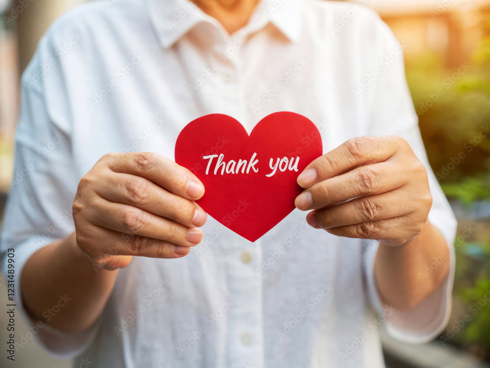 Person Holding Red Heart Shape Card With Thank You Message in Natural Light Setting Person Holding Red Heart Shape Card With Thank You Message in Natural Light Setting