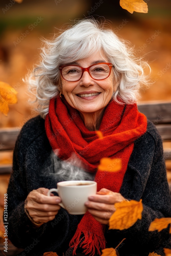 Elderly woman enjoying a warm cup of coffee in autumn park surrounded by colorful leaves. Cozy atmosphere, relaxation, and joy in nature during fall season. Elderly woman enjoying a warm cup of coffee in autumn park surrounded by colorful leaves. Cozy atmosphere, relaxation, and joy in nature during fall season.