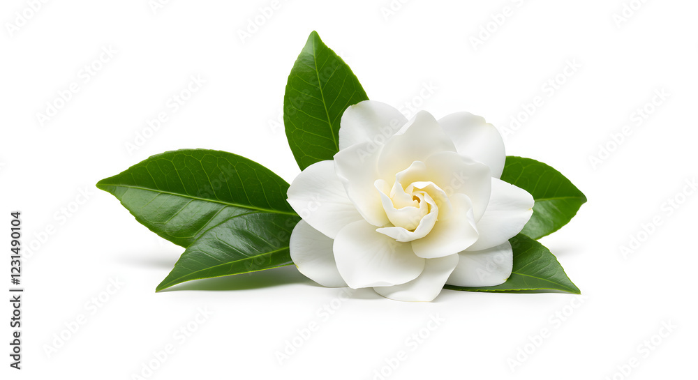 Fototapeta premium Elegant White Gardenia Flower with Lush Green Leaves, Isolated on White Background