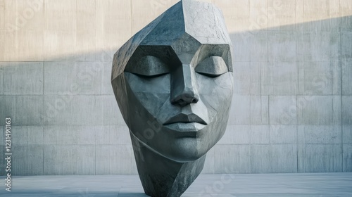 An artistic sculpture head with geometric cuts, positioned in front of a simple, minimalistic backdrop, highlighting modern design elements  photo