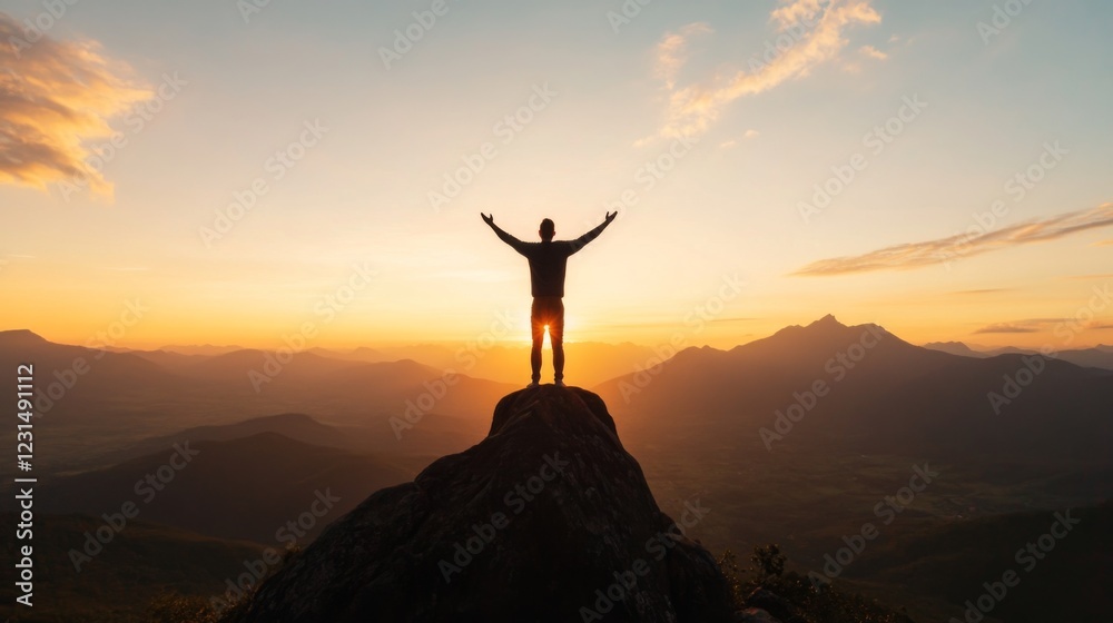 Silhouette of a man standing on mountain peak at sunset with arms raised in victory.