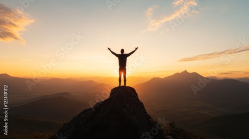 Obraz na płótnie Silhouette of a man standing on mountain peak at sunset with arms raised in victory. w salonie
