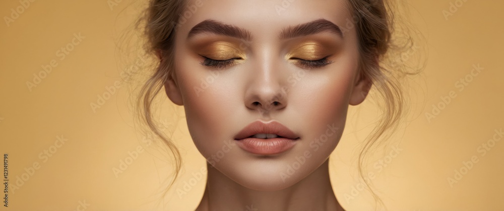 Close-up portrait of a woman with golden eyeshadow and a serene expression against a warm background. Subtle makeup enhances her natural beauty. make up cosmetics concept Close-up portrait of a woman with golden eyeshadow and a serene expression against a warm background. Subtle makeup enhances her natural beauty. make up cosmetics concept