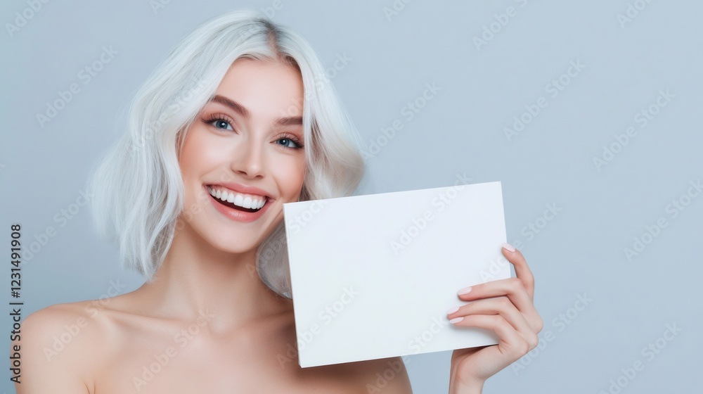 Smiling blonde woman showing blank paper on blue background Smiling blonde woman showing blank paper on blue background