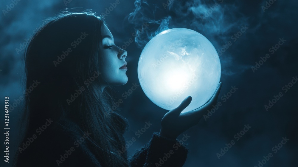 Naklejka premium Young woman swaying gently to slow music, holding a lit-up concert balloon.