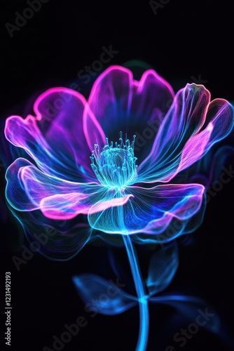 Glowing translucent flower, artistic design, on black background for abstract design