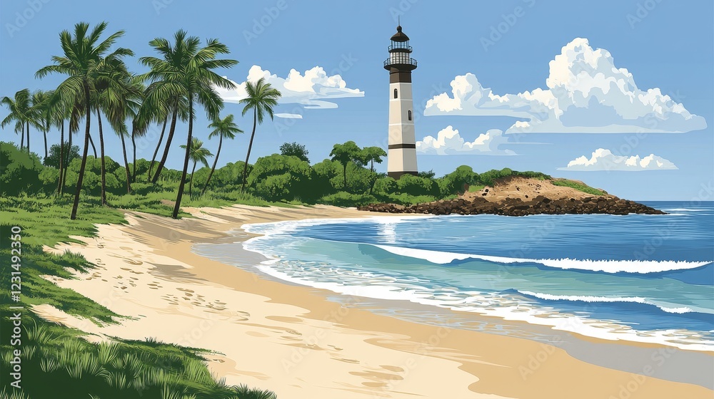 Tropical Lighthouse Seascape Palm Trees, Sandy Beach, and Ocean Waves Tropical Lighthouse Seascape Palm Trees, Sandy Beach, and Ocean Waves