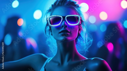 Young woman wearing futuristic LED sunglasses, dancing to house music at a modern club concert.