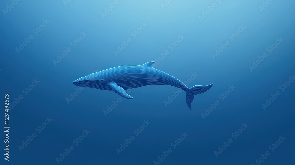 Fototapeta premium Serene Blue Whale: A majestic blue whale glides effortlessly through the deep blue ocean, its silhouette a study in elegance and tranquility.