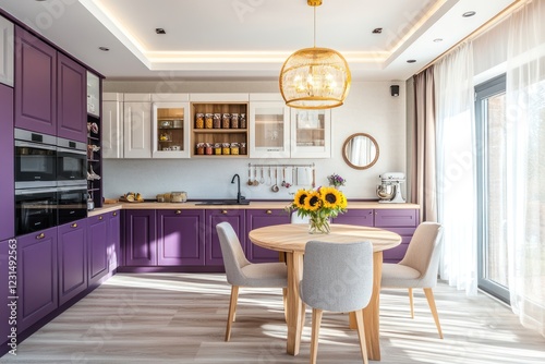 Modern purple kitchen with dining area, sunlight, sunflowers. Home design, interior decor photo