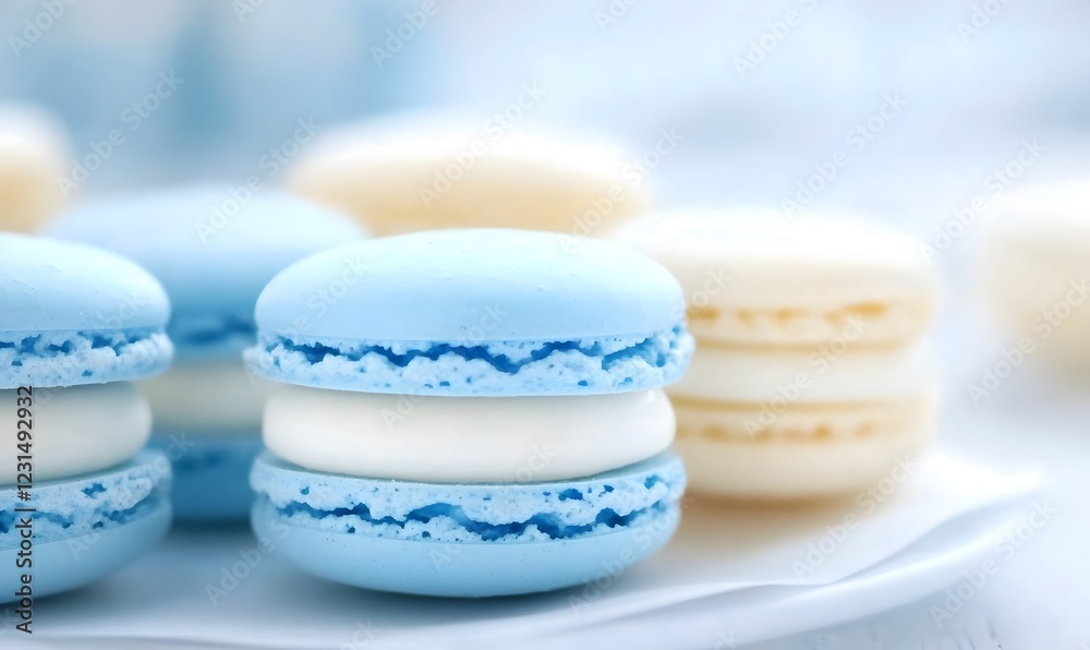 Fototapeta premium Blue and white macarons, Generative AI