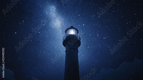 Coastal lighthouse shining under starry night sky