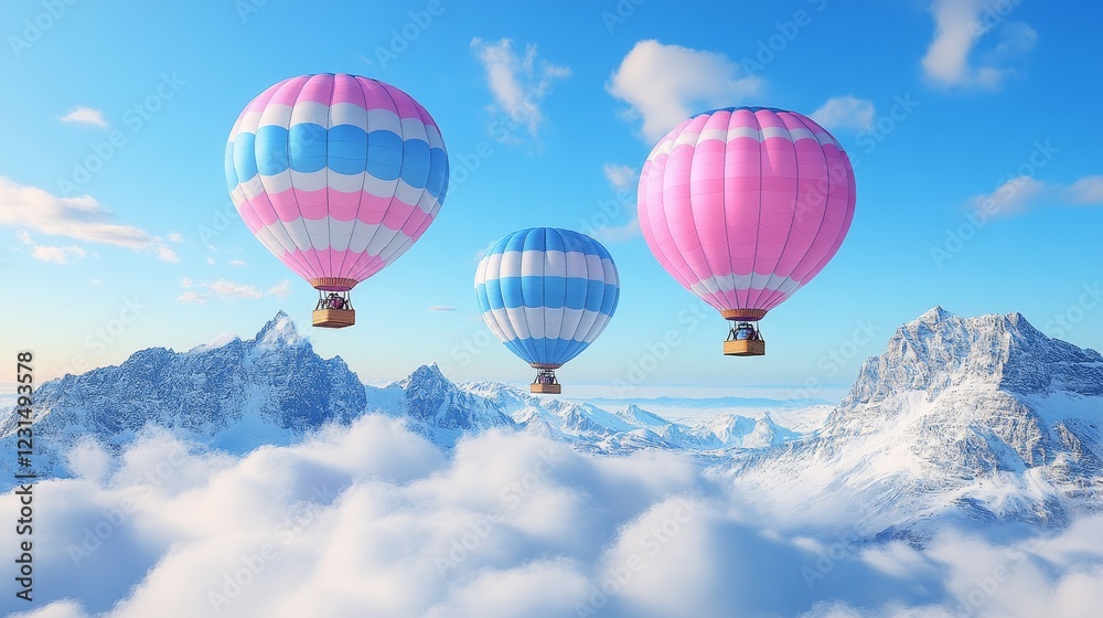 Naklejka premium Three pastel hot air balloons soaring above a snow-capped mountain range and clouds