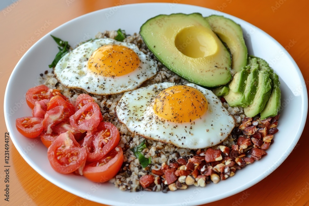 Wholesome breakfast platter featuring whole grains, eggs, and avocado for a hearty start to your day. Wholesome breakfast platter featuring whole grains, eggs, and avocado for a hearty start to your day.