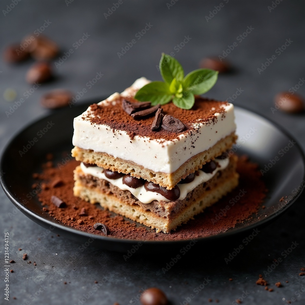 Gourmet tiramisu with mascarpone cream and cocoa on black plate Gourmet tiramisu with mascarpone cream and cocoa on black plate