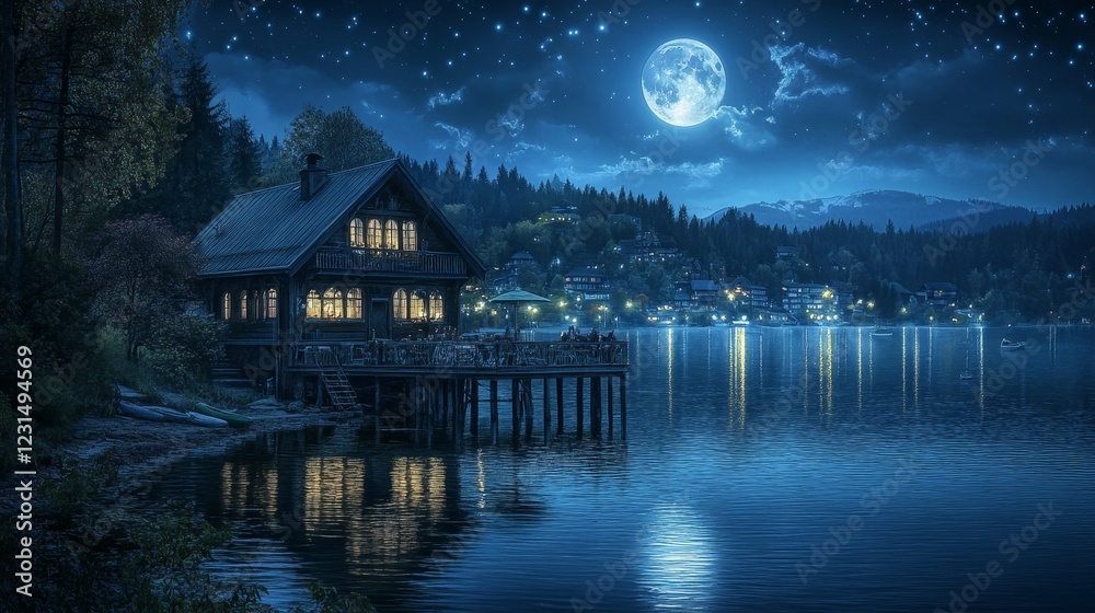 Fototapeta premium Serene Lakeside Cabin Under a Full Moon, Illuminated by Stars and Lights