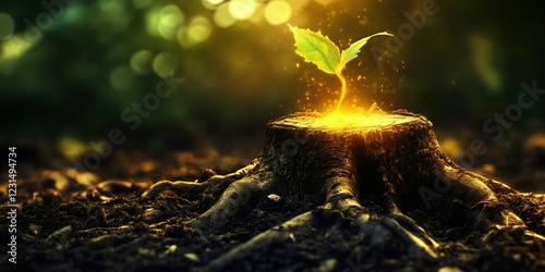 A new plant growing out of an old tree stump. Environmentalism. Nature.