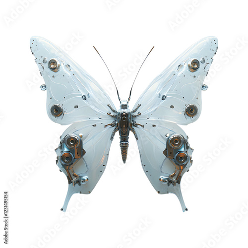 Robotic Butterfly with Metallic Wings Isolated on Transparent Background