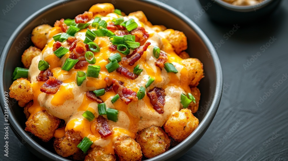 Delicious Loaded Tater Tots with Cheese, Bacon, and Green Onion on a Dark Surface Delicious Loaded Tater Tots with Cheese, Bacon, and Green Onion on a Dark Surface