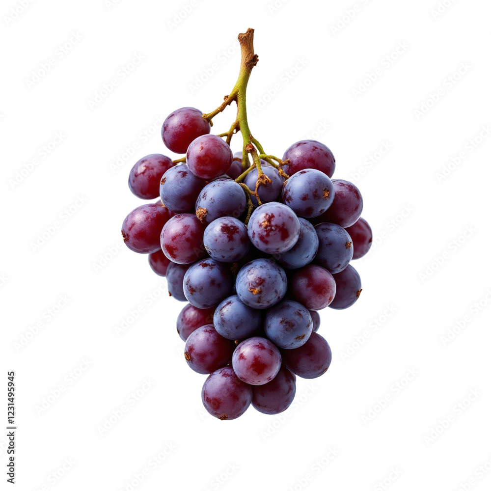 Red grape cluster with leaves isolated on white background. Red grape cluster with leaves isolated on white background.