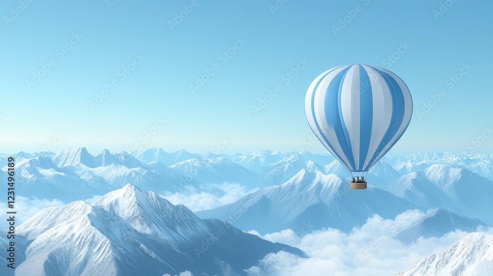 A solitary blue and white hot air balloon floats above a majestic snow-capped mountain range A solitary blue and white hot air balloon floats above a majestic snow-capped mountain range