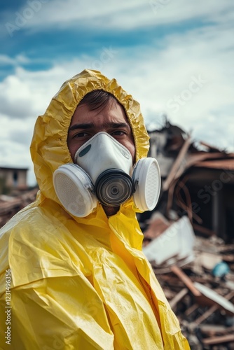 Safety equipment, worker in protective gear at disaster site assessing damage and hazardous materials, emergency response and clean-up operations in progress. photo