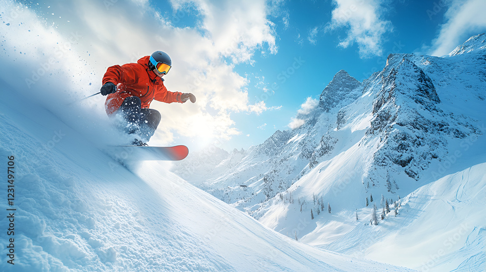 Snow-covered mountains with airborne skier in red jacket, extreme skiing, alpine sports, adrenaline rush Snow-covered mountains with airborne skier in red jacket, extreme skiing, alpine sports, adrenaline rush