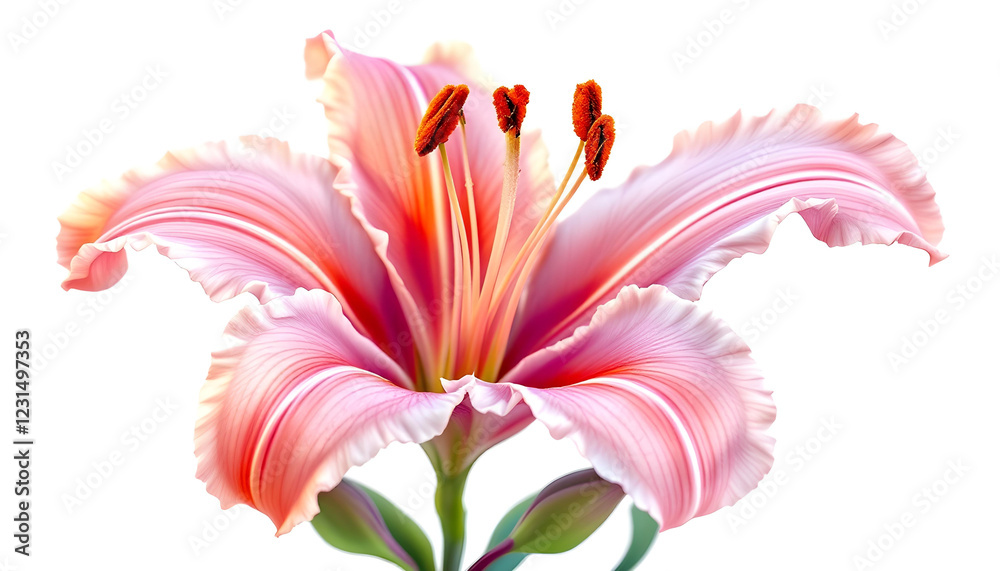 Naklejka premium Botanical illustration of a stunning pink and orange flower with smooth, curved petals. The digital artwork captures the subtle color transitions and fine veins of each petal, creating a soft yet vibr