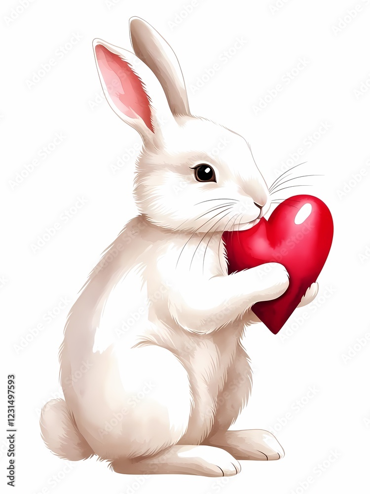 Obraz premium A fluffy white rabbit with pink ears gently holds a glossy red heart in its paws, sitting against a plain white background, creating a soft and charming illustration.