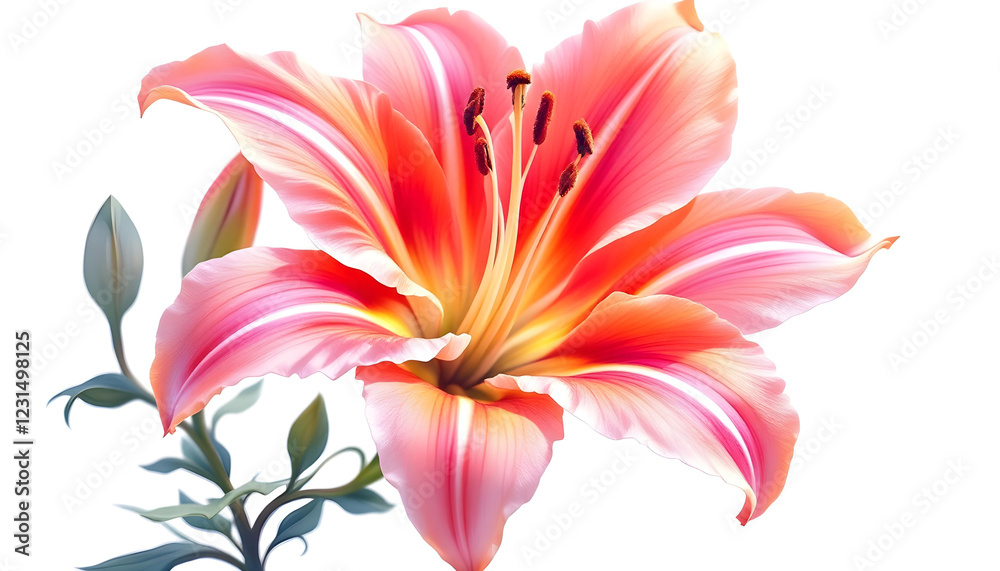Obraz premium Botanical illustration of a stunning pink and orange flower with smooth, curved petals. The digital artwork captures the subtle color transitions and fine veins of each petal, creating a soft yet vibr