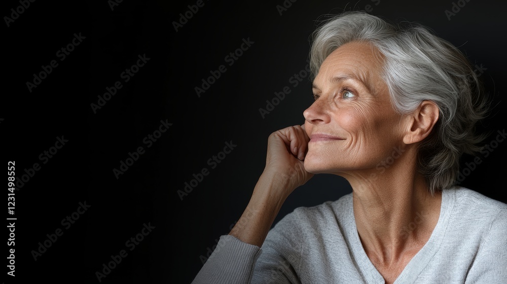 Woman with gray hair is smiling and looking up at something. She is wearing a gray sweater and she is enjoying the moment Woman with gray hair is smiling and looking up at something. She is wearing a gray sweater and she is enjoying the moment