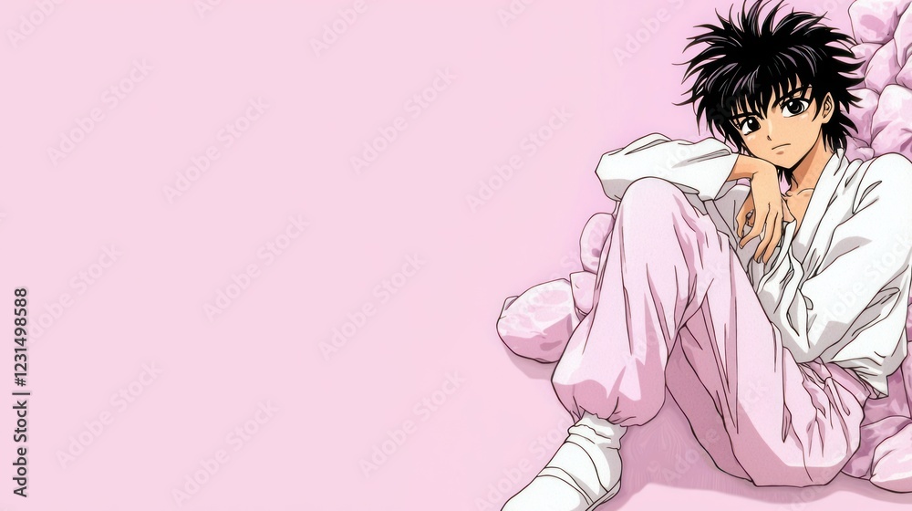 Anime boy resting pink background, peaceful pose, illustration Anime boy resting pink background, peaceful pose, illustration