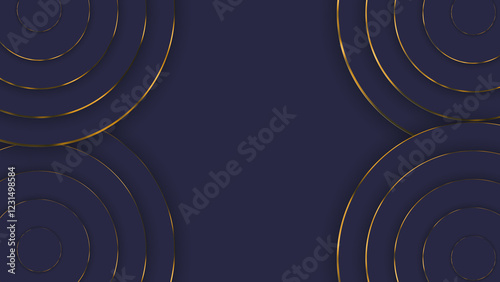 Dark blue background gold concentric circles form elegant design..