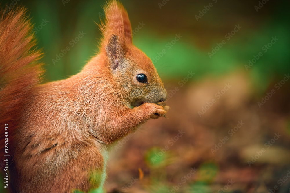Squirrel eating in the park close-up. Holds food in paws. Squirrel eating in the park close-up. Holds food in paws.
