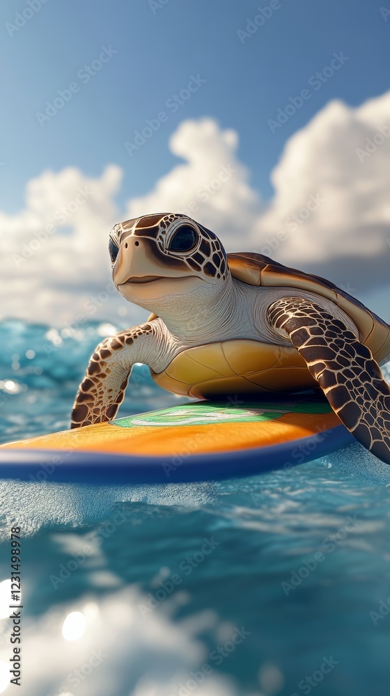 Obraz premium Baby turtle is riding a surfboard in the ocean. The scene is playful and lighthearted, with the turtle seemingly enjoying its time on the board