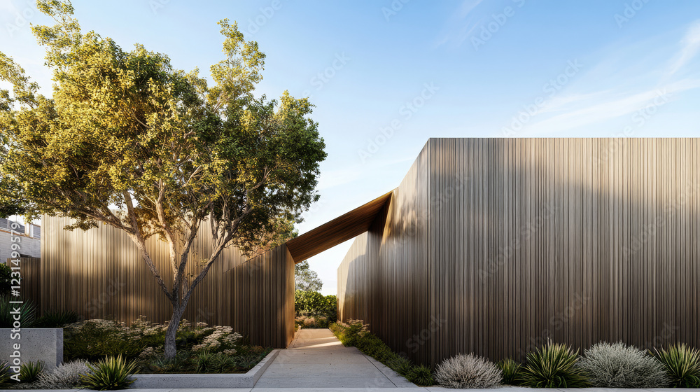 Elegant wooden architecture blending with nature in a modern landscape under blue sky Elegant wooden architecture blending with nature in a modern landscape under blue sky