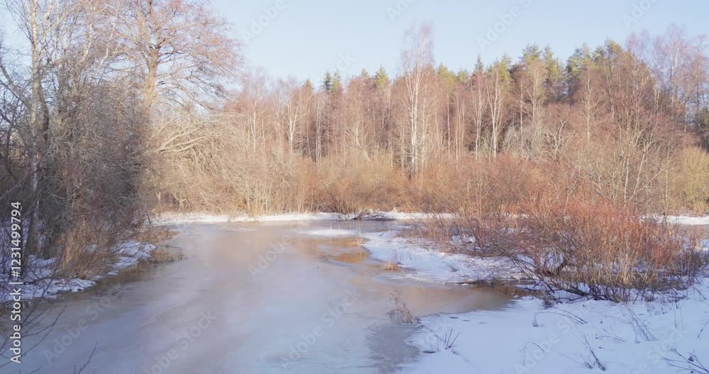 Countryside in early spring. Early spring landscape with melting snow and thawed patches in forest. Spring is coming, the month of March. Nature wakes up Countryside in early spring. Early spring landscape with melting snow and thawed patches in forest. Spring is coming, the month of March. Nature wakes up