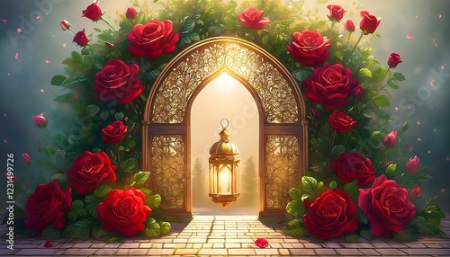 Elegant Ramadan Kareem Background with Lanterns, Crescent Moon, and Floral Patterns in Gold and Blue