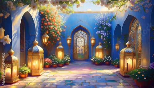Elegant Ramadan Kareem Background with Lanterns, Crescent Moon, and Floral Patterns in Gold and Blue