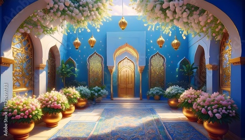 Elegant Ramadan Kareem Background with Lanterns, Crescent Moon, and Floral Patterns in Gold and Blue