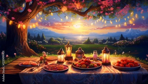 Elegant Ramadan Kareem Background with Lanterns, Crescent Moon, and Floral Patterns in Gold and Blue