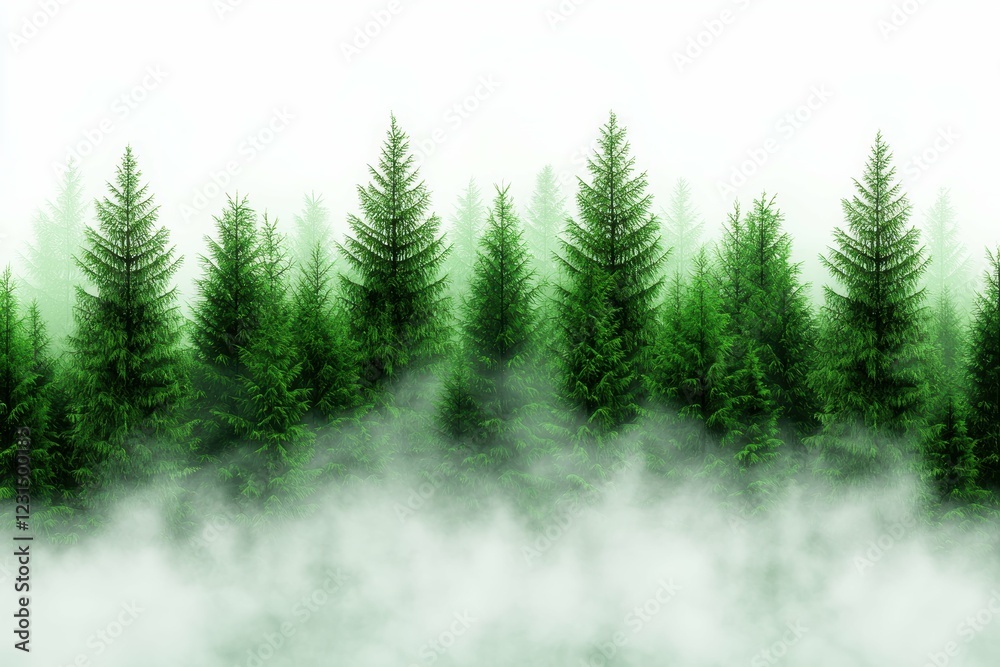 Obraz premium Lush evergreen trees emerging through mist.