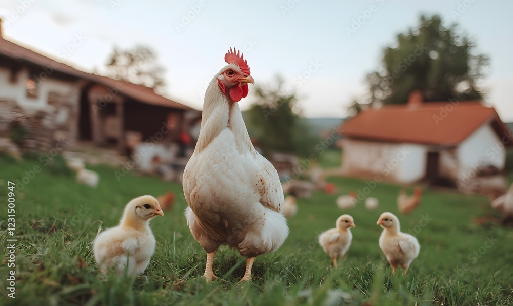 Fototapeta premium a mother hen with her chicks on the grass, Generative AI