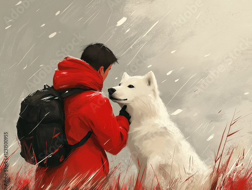 Person bonding with a dog in snowy surroundings.