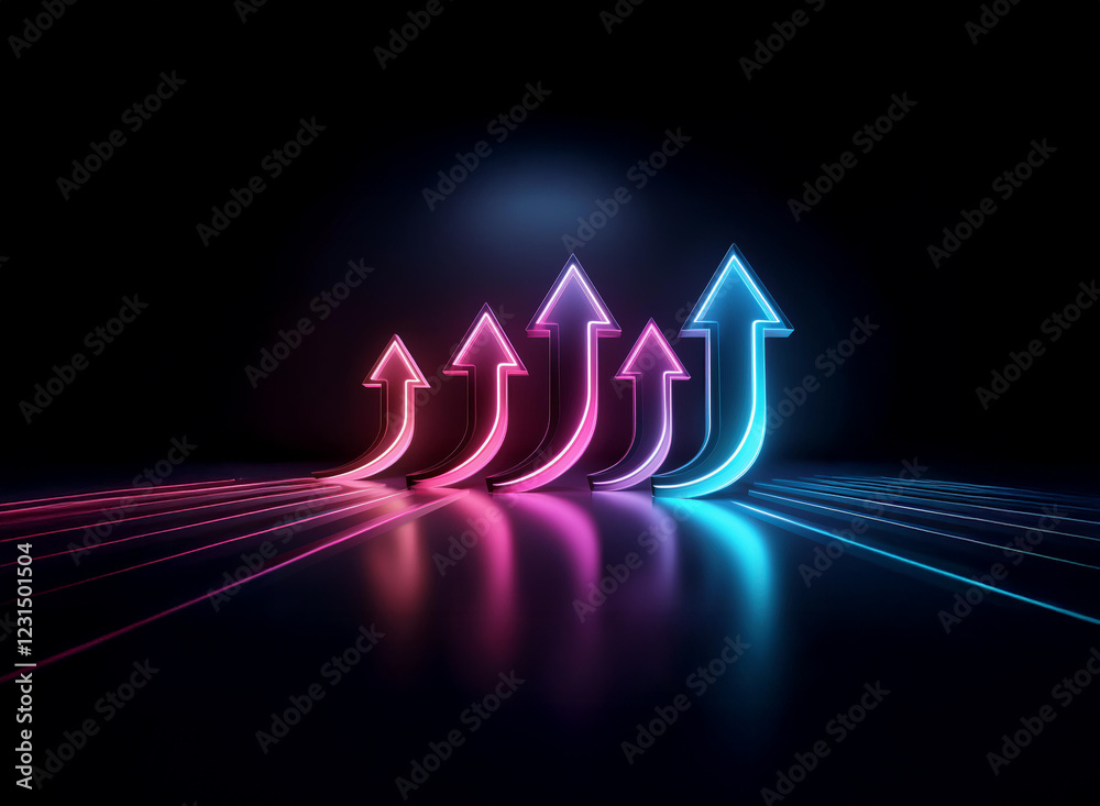 Naklejka premium Glowing neon arrows ascend in a dark, reflective space, suggesting growth and progress. The vibrant pink and blue hues create a dynamic visual.