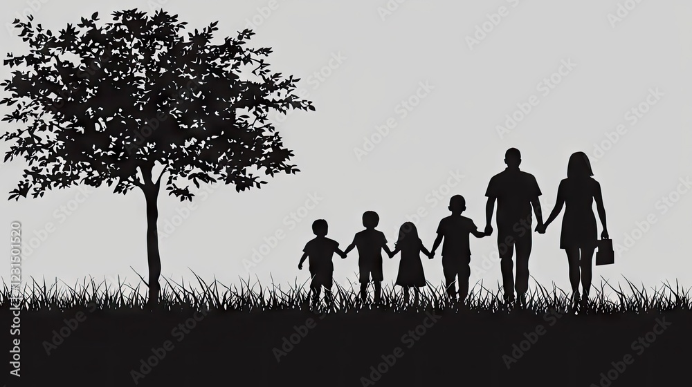Family silhouette stroll park, tree background; ideal for family, togetherness, unity concepts Family silhouette stroll park, tree background; ideal for family, togetherness, unity concepts
